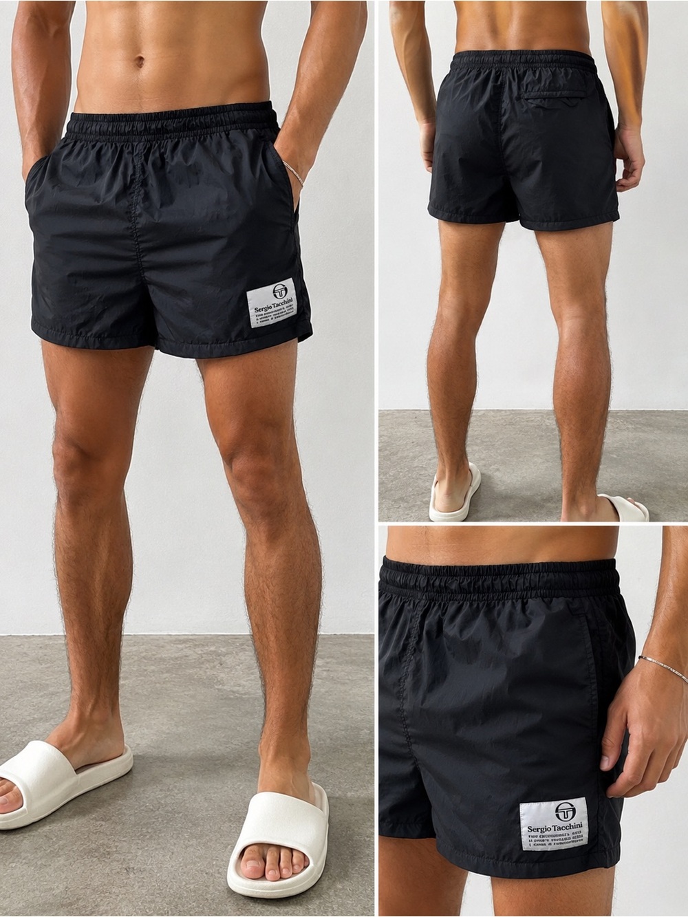 Sergio Tacchini Black Mesh-Lined Swim Trunks Shorts Size Small EUC